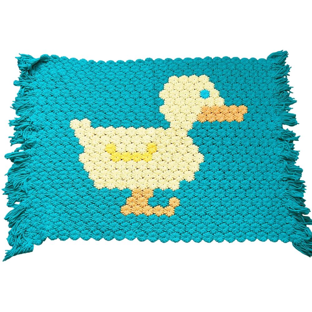 Vintage Crochet Duck Afghan Blanket Fringe Teal Baby Duckling Nursery Decor OOAK